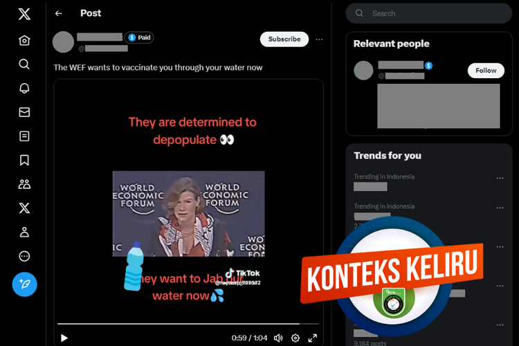 Tangkapan layar unggahan dengan konteks keliru di sebuah akun X, 25 Agustus 2023, yang mengeklaim WEF berencana mencampurkan pasokan air global dengan vaksin.