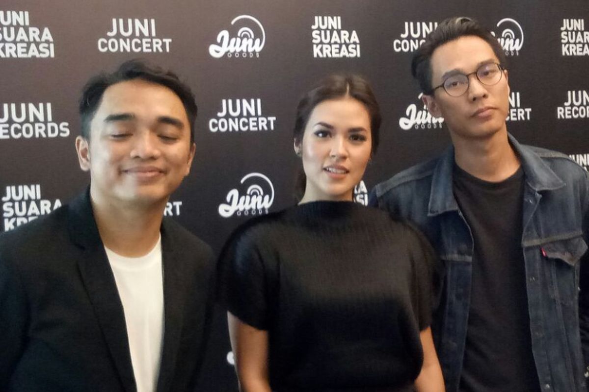 Dipha Barus, Raisa dan Marco Barasuara saat jumpa pers Juni Recordsday di kawasan Bangka, Jakarta Selatan, Kamis (22/2/2018).