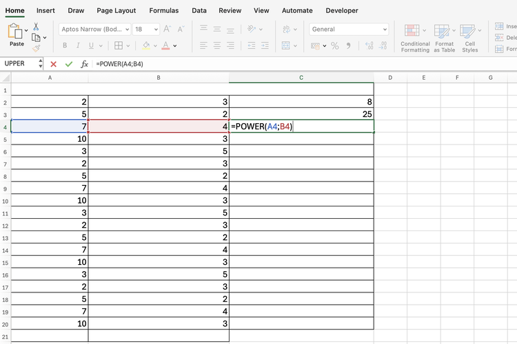 Ilustrasi rumus POWER di Excel