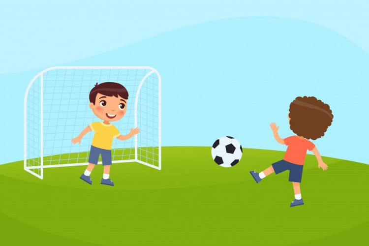 Ilustrasi anak-anak bermain di lapangan sepak bola.