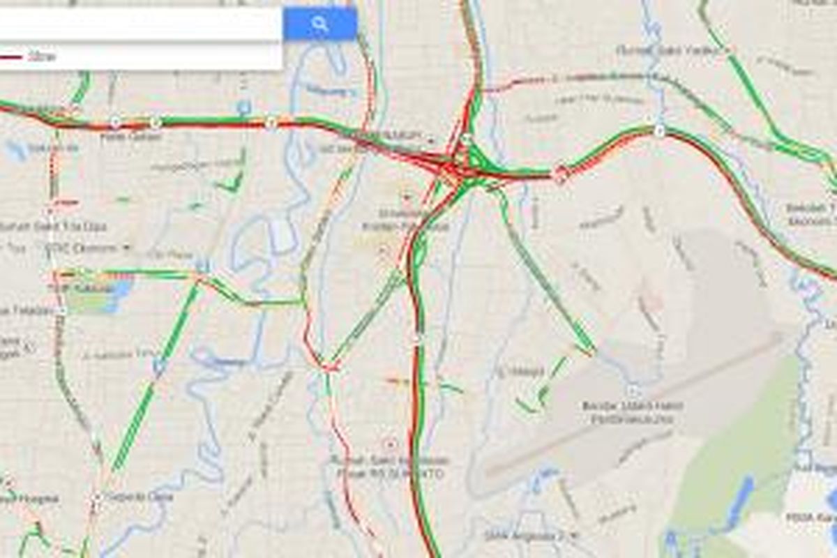 Peta kawasan Bandara Halim Perdanakusuma dan gambaran kondisi lalu lintas di sekitarnya berdasarkan data Google Maps, Jumat (10/1/2014) pagi sekitar pukul 08.30.