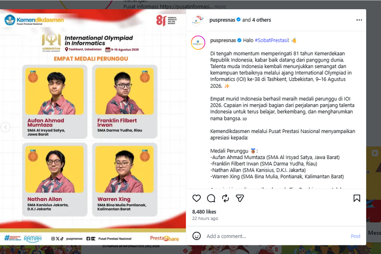 4 Murid Raih Medali Perunggu Olimpiade Informatika Internasional 2026