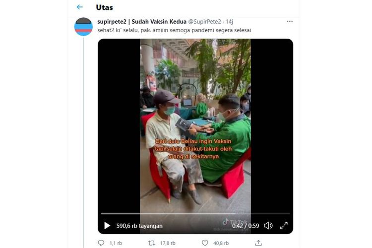 Tangkapan layar Twit viral soal lansia yang naik sepeda 15 kilometer untuk divaksinasi Covid-19