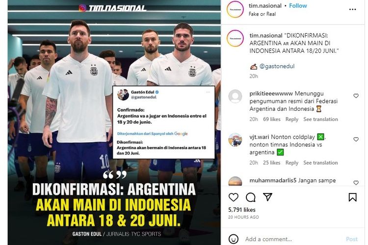 Ramai soal konfirmasi pertandingan FIFA Match Day Indonesia vs Argentina pada 18 atau 20 Juni 2023.