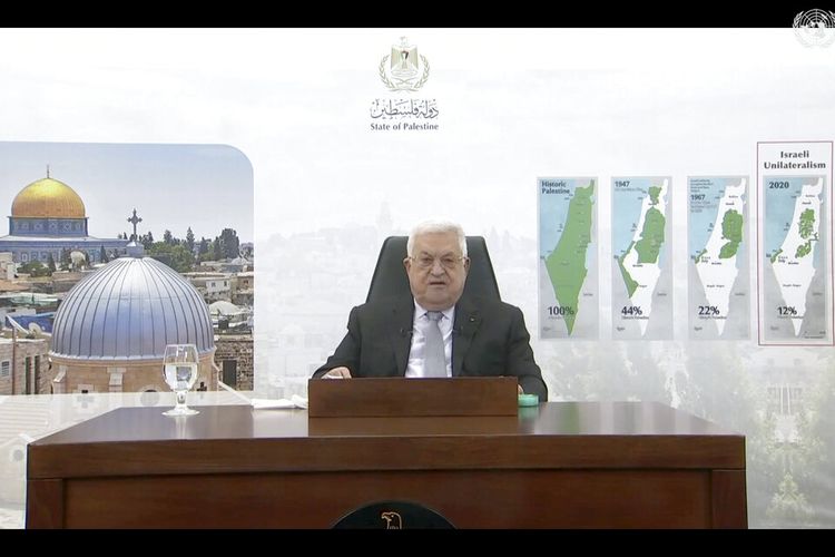 Dalam foto yang diambil dari video ini, Presiden Palestina Mahmoud Abbas dari jarak jauh berpidato di sesi ke-76 Majelis Umum PBB dalam pesan yang direkam sebelumnya, Jumat, 24 September 2021, di markas besar PBB.