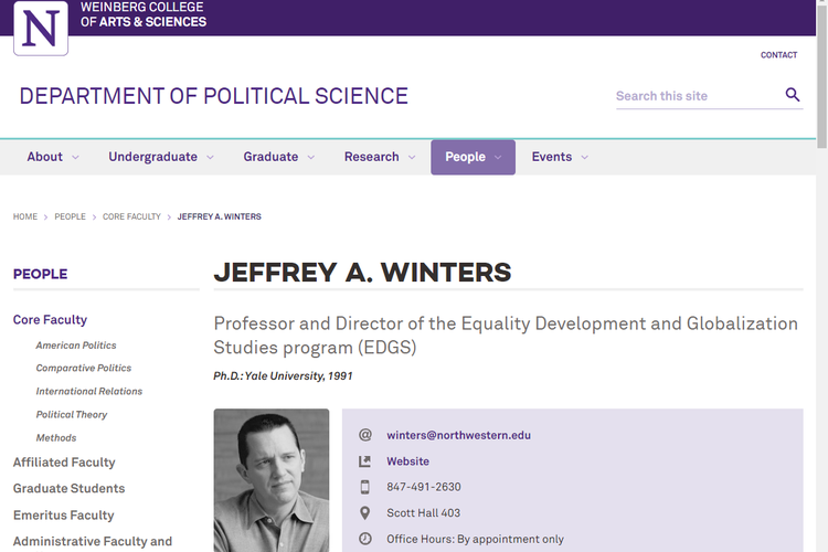 Tangkapan layar laman Northwestern University, berisi profil Prof. Jeffrey A. Winters.
