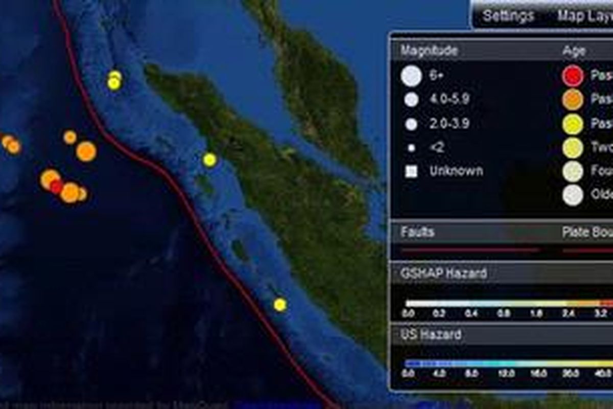 Rentetan gempa tektonik di Aceh yang direkam US Geological Survey, Rabu (11/4/2012).