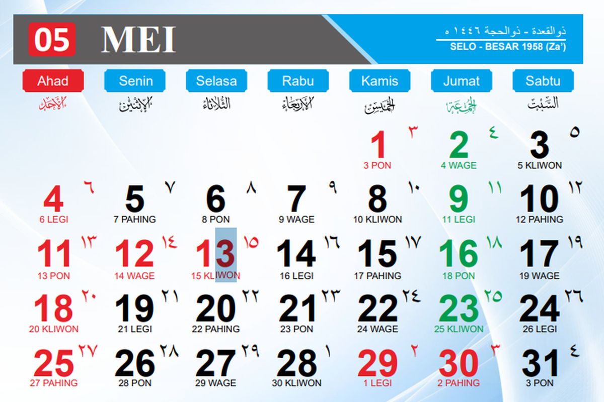 Ilustrasi kalender Mei 2025. Inilah kalender Jawa pada  Kamis, 15 Mei 2025 lengkap dengan weton dan penanggalan Islam.
