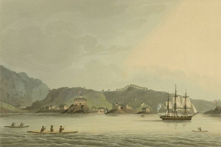Permukiman Rusia di Pulau Kodiak, Alaska pada 1814.