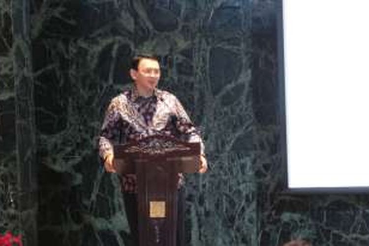 Gubernur DKI Jakarta Basuki Tjahaja Purnama saat menyampaikan sambutan dalam acara 