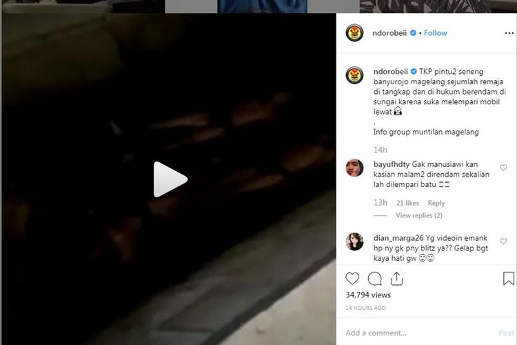 Sebuah video singkat yang diunggah akun @ndorobeii tengah menjadi pembicaraan publik khususnya warga di Kabupaten Magelang, Jawa Tengah. Dalam video itu, memperlihatkan sejumlah remaja diduga sedang dihukum dengan direndam di sebuah sungai kecil lantaran kerap melempari mobil yang sedang melintas.