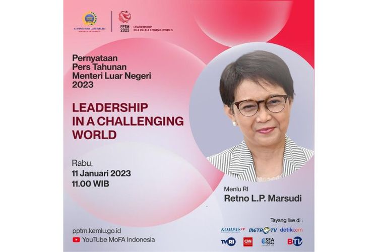 Menteri Luar Negeri (Menlu) Republik Indonesia (RI) Retno Marsudi membicarakan mengenai kepemimpinan Indonesia di masa yang penuh tantangan dalam Pernyataan Pers Tahunan Menlu (PPTM) 2023, Kamis (5/1/2023). 