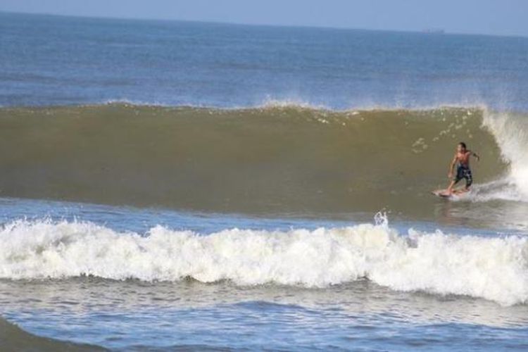 Peselancar menjajal ombak di Pantai Panjang Bengkulu.