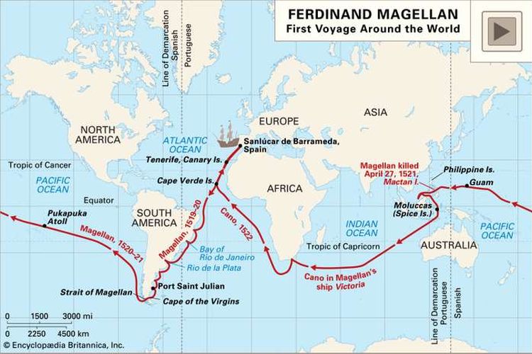 Rute pelayaran Ferdinand Magelhaens (Ferdinand Magellan).