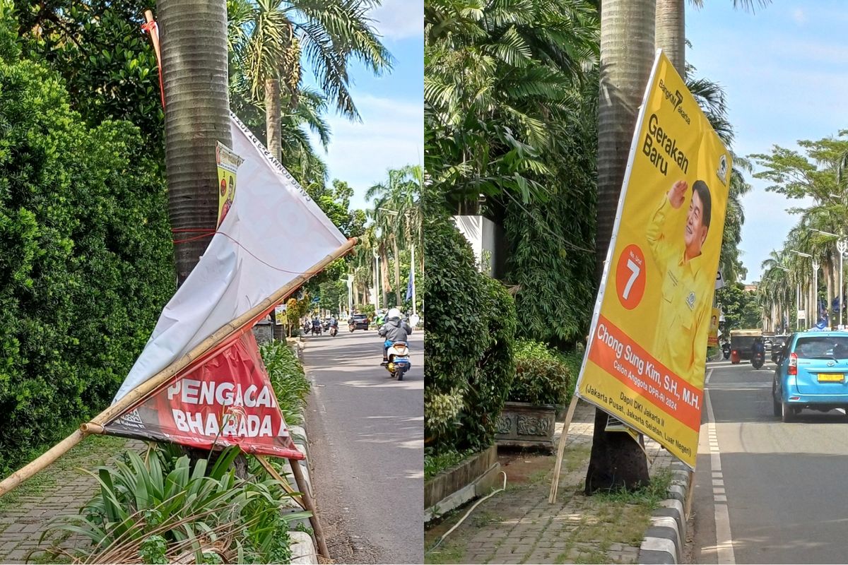 Penampakan alat peraga kampanye (APK) berupa baliho caleg yang kondisinya memprihatinkan di sepanjang Jalan Metro Pondok Indah, Kebayoran Lama, Jakarta Selatan, Kamis (25/1/2024).
