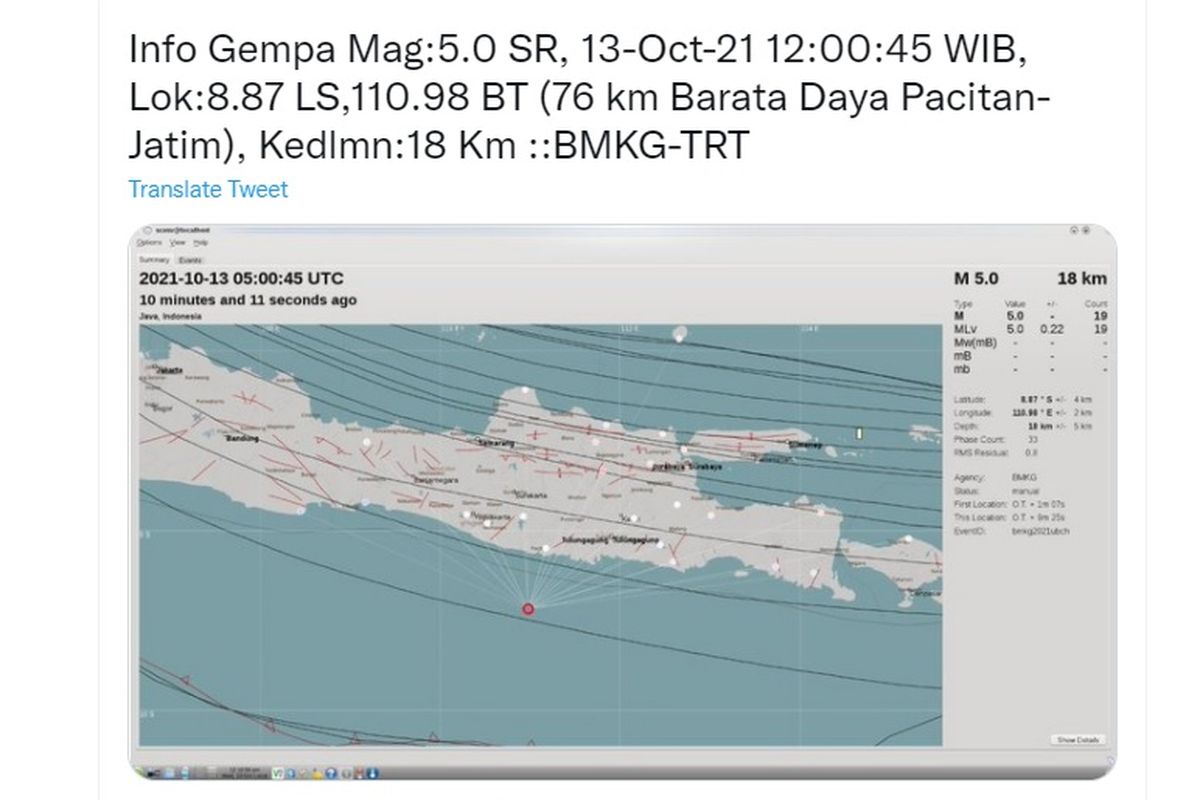 Tangkapan layar twit gempa Yogyakarta dari Kepala Bidang Mitigasi Gempa Bumi dan Tsunami Badan Meteorologi, Klimatologi, dan Geofisika (BMKG) Daryono.