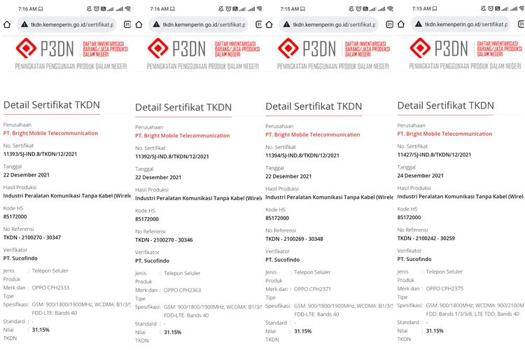 Empat ponsel terbaru Oppo yang sudah muncul di laman sertifikasi TKDN Kemenperin.