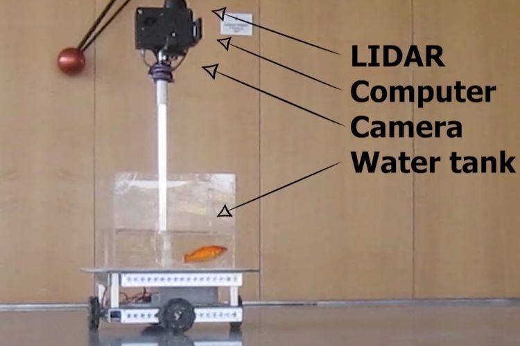 Komponen kereta robot yang memuat akuarium dan kamera pendeteksi gerakan ikan.