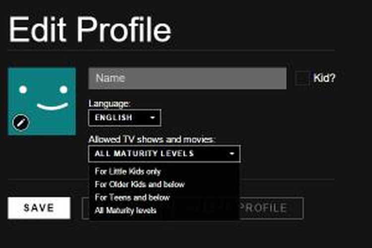 Menu profile di Netflix untuk mengatur batasan konten yang bisa diakses.