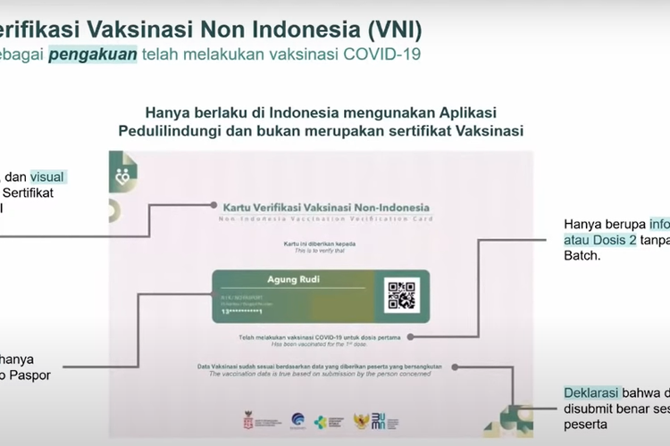 Desain sertifikat Vaksinasi non Indonesia (VNI) yang didapatkan oleh WNA dan WNI yang memperoleh vaksin Covid-19 di luar negeri.