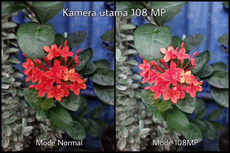 Perbandingan hasil foto kamera utama 108 MP Galaxy A73 5G, menggunakan mode normal vs mode resolusi penuh 108MP. Mode 108MP menghasilkan gambar lebih terang, tajam, dan detail.