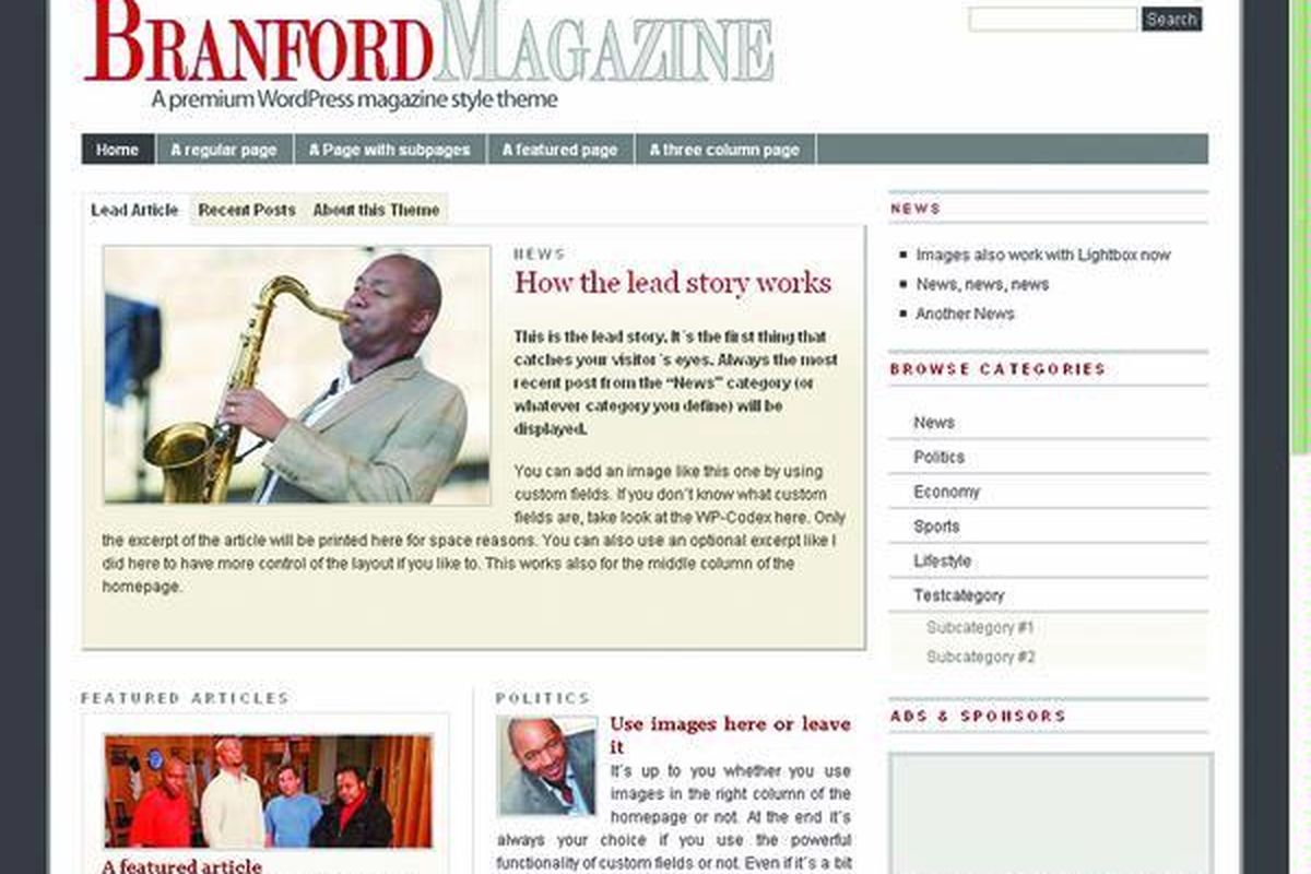Contoh theme (baju tampilan website yang bisa diganti-ganti) gratis Brandford Magazine untuk software Wordpress yang kini mulai bermigrasi ke tampilan portal berita. Kini, banyak software pembangun website yang berusaha tampil seperti portal berita.  
