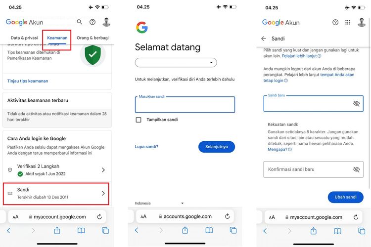 Ilustrasi cara ganti password Gmail di menu pengaturan akun.