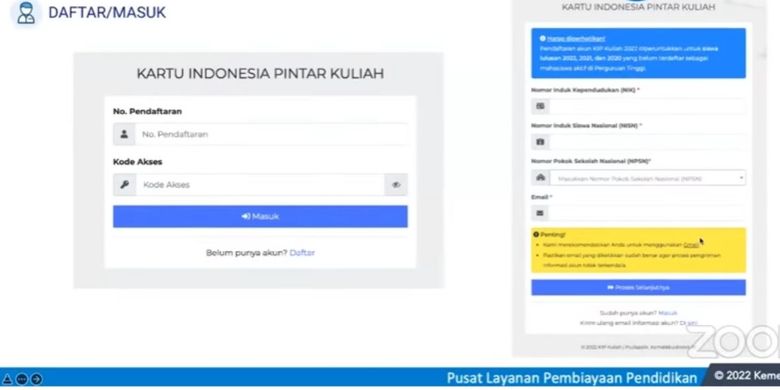 Tangkapan layar akun KIP Kulliah Merdeka Tahun 2022 dalam acara PEMBUKAAN PENDAFTARAN KIP KULIAH MERDEKA TAHUN 2022