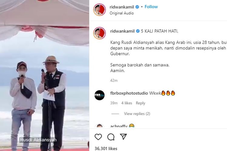 Gubernur Jawa Barat Ridwan Kamil menantang Rusdi Aldiansyah (28) alias
Arab, warga asal Citarik, Sukabumi, Jawa Barat, untuk menikah pada Maret 2022.