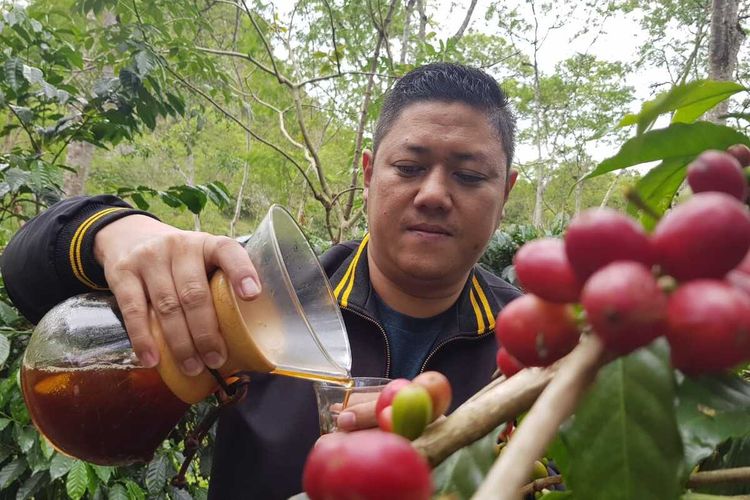 Suasana minum kopi langsung dikebunnya di Seladang Kopi, Kabupaten Bener Meriah, Provinsi Aceh, Senin (3/10/2022)