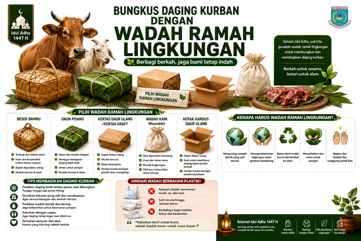 Ilustrasi poster ajakan membungkus daging kurban menggunakan wadah ramah lingkungan.