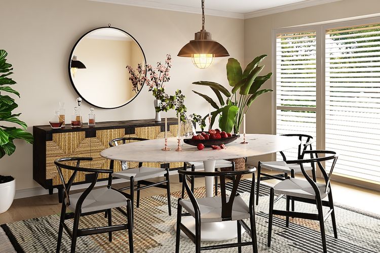 Ilustrasi ruang makan, meja makan bundar.