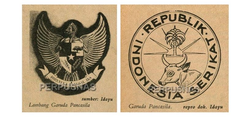 Gambar 1. Dua hasil karya finalis desain logo Republik Indonesia. Kiri, karya desain Sultan Hamid II. Kanan, karya desain Muhammad Yamin. 