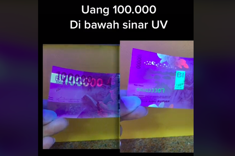 Tangkapan layar unggahan video uang Rp 100.000 di bawah sinar ultraviolet
