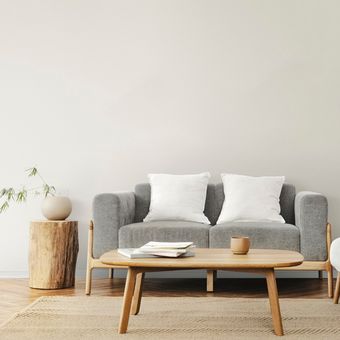 Ilustrasi desain Japandi, ilustrasi ruang keluarga bergaya Japandi.
