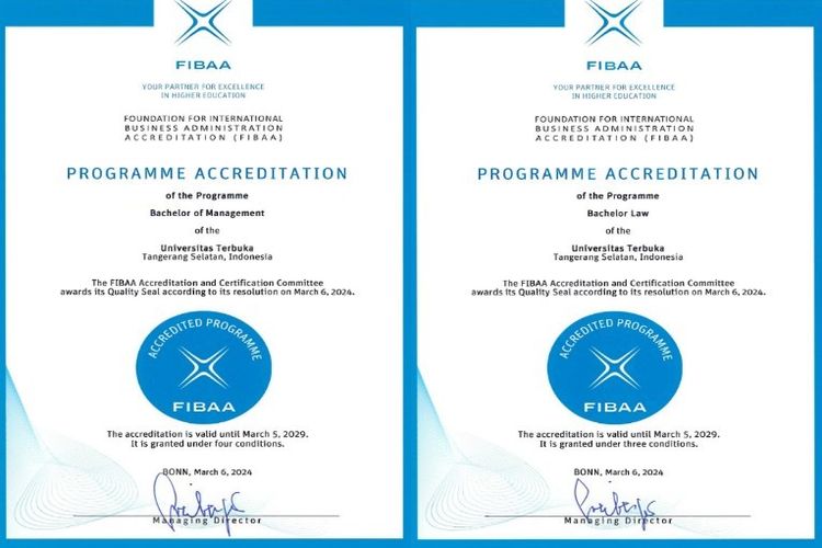 Sertifikat akreditasi internasional bagi empat program studi (prodi) di Universitas Terbuka dari The Foundation for International Business Administration Accreditation (FIBAA)