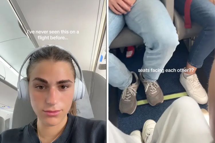 Tangkapan layar sebuah video menunjukkan kursi pesawat yang saling berhadapan, viral di media sosial, TikTok.