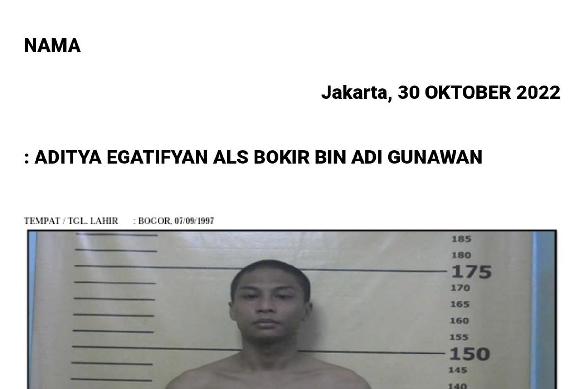 Tampang Aditya Egaftiyan alias Bokir bin Adi Gunawan, tahanan Lapas Kelas I Cipinang yang kabur dengan menggunakan sarung saat petugas Lapas sedang shalat Maghrib pada Sabtu (29/10/2022) petang. Pihak Lapas Kelas I Cipinang menetapkan bahwa Aditya masuk dalam daftar pencarian orang (DPO). 