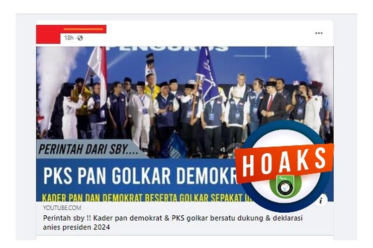Tangkapan layar Facebook narasi yang menyebut SBY memerintahkan PAN, Demokrat, Golkar, dan PKS bersatu mendeklarasikan dukungan kepada Anies