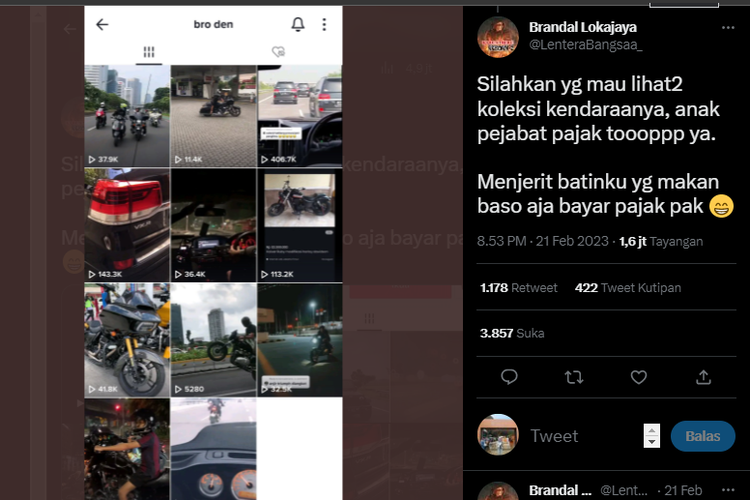 Tangkap layar unggahan konten kendaraan mewah yang Mario Dandy Satrio bagikan di media sosial