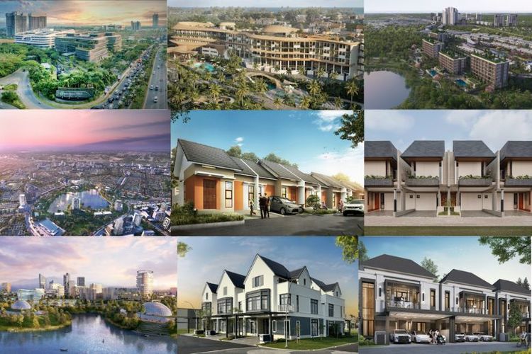 Kiri Atas: BSD City. Tengah Atas: Elysium Eco-City. Kanan Atas: Giantara Serpong City. Kiri Tengah: Grand Wisata. Tengah: Karawang Green Village 3 (KGV3). Kanan Tengah: Kinary House. Kiri Bawah: Kota Baru Parahyangan. Tengah Bawah: Louise at Summarecon Serpong. Kanan Bawah: Matera Signature.). 
