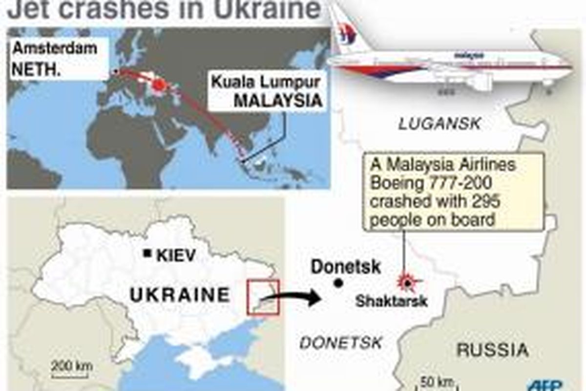 Lokasi jatuhnya pesawat Malaysia Airlines yang membawa 295 orang penumpang dari Amsterdam ke Kuala Lumpur, di Kota Shaktarsk, timur Ukraina, Kamis (17/8/2014).