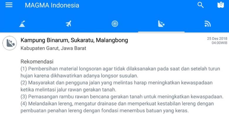 Tampilan menu laporan tanggapan gerakan tanah aplikasi Magma Indonesia