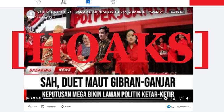 Tangkapan layar Facebook narasi yang menyebut bahwa Ketua Umum PDI-P telah resmi mengusung Ganjar dan Gibran sebagi capres-cawapres di Pemilu 2024