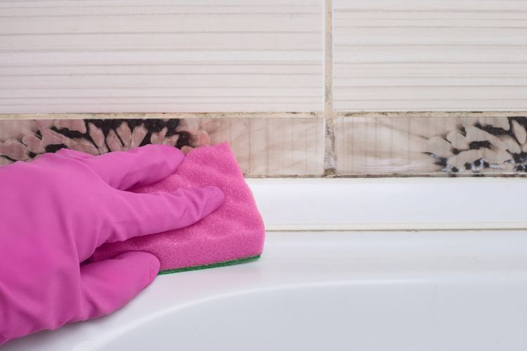 Ilustrasi membersihkan jamur pink di kamar mandi.