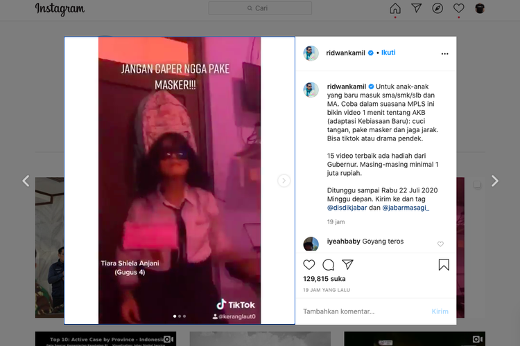 Tangkapan layar unggah status instagram Gubernur Jabar Ridwan Kamil