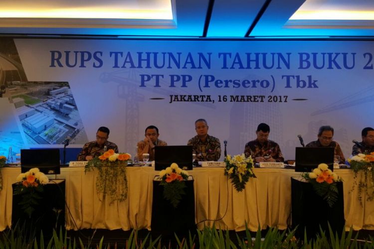 Rapat Umum Pemegang Saham Tahunan PT PP (Persero) Tbk (PTPP) di Jakarta, Kamis (16/3/2017). RUPS Tahunan memutuskan pembagian dividen sebesar Rp 307 miliar.
