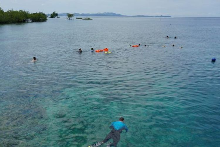 Wisatawan sedang menyelam di Desa Wisata Bahoi, Minahasa Utara, Sulawesi Utara.