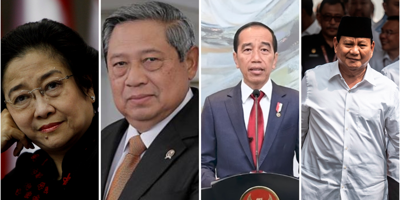 Kolase foto 4 Presiden (kiri ke kanan) Megawati Soekarnoputri, Susilo Bambang Yudhoyono, Joko Widodo, Prabowo Subianto