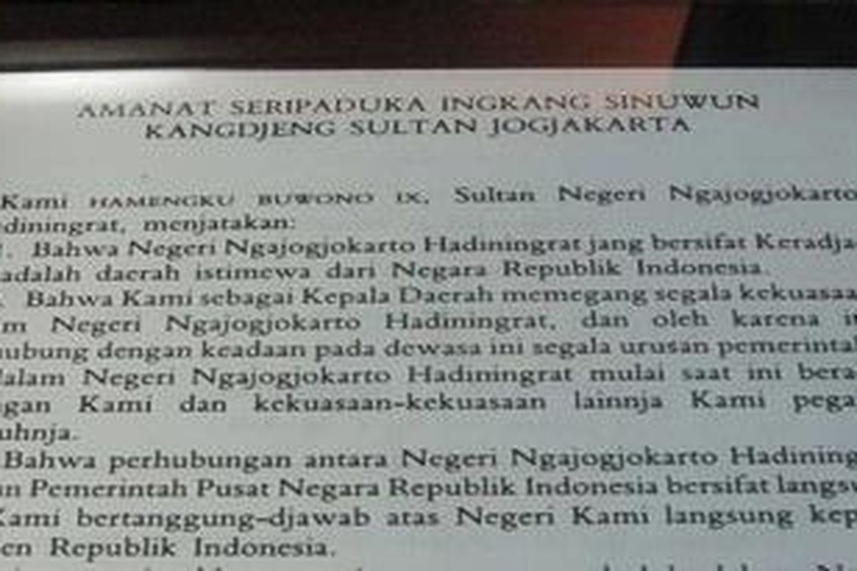 Amanat Sultan HB IX tentang bergabungnya Negari Ngayogyakarta Hadiningrat dengan Negara Republik Indonesia